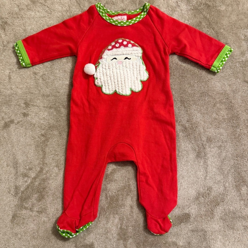 Mud Pie Baby Santa Claus Christmas Footed Sleeper Red Green Polka Dot 0-6 Months